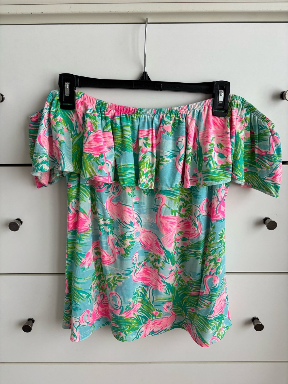 Lilly Pulitzer Aqua Floral Off-Shoulder Top with Pink Accents